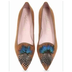 NEW Pretty Ballerinas Flats Pointed Toe Feathers •39/8 8.5• Camel Suede Tan $315